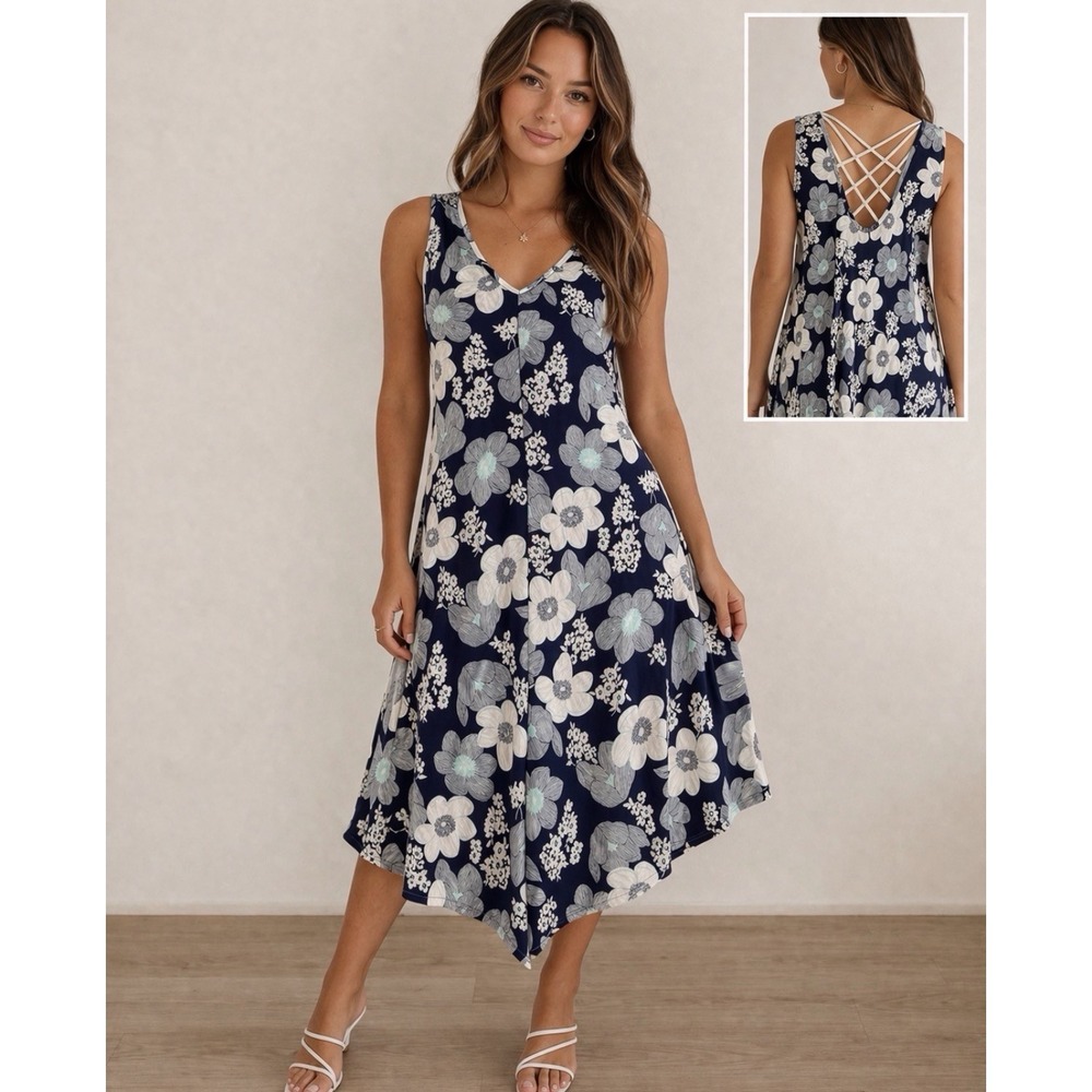 Perseption Concept Women Blue/White Floral Sleeveless No Iron Travel Dress - M